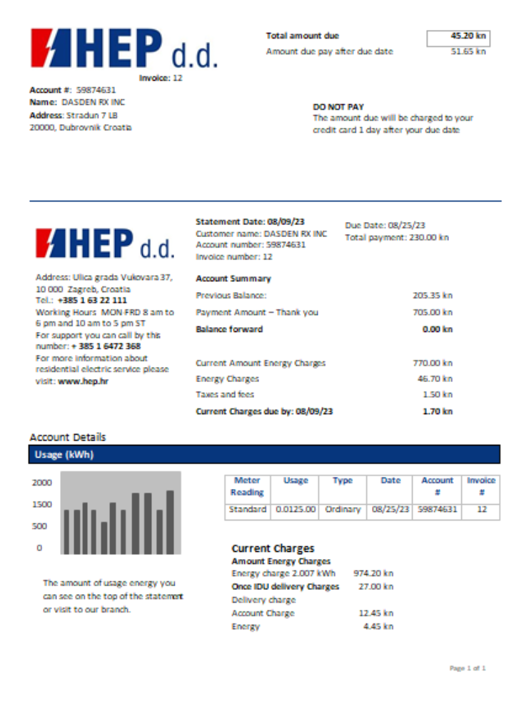 Download Hrvatska Elektroprivreda electricity utility business bill,  SCR Photoshop template